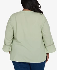Alfred Dunner Plus Indigo Girls Floral Embroidered Squares Button Front Top