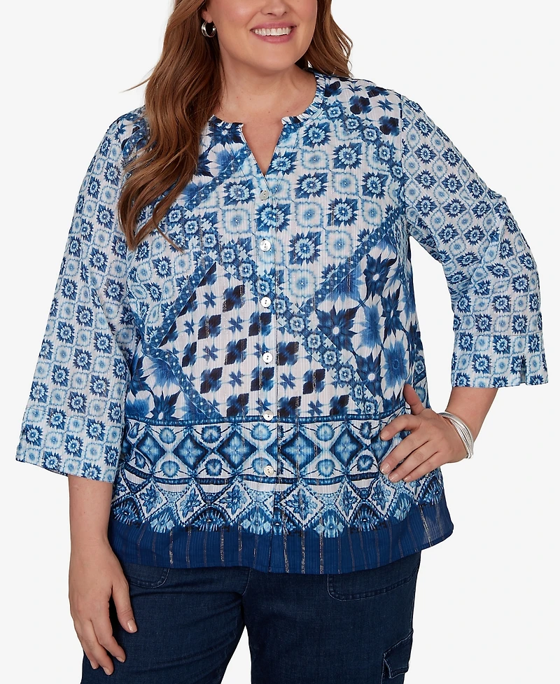 Alfred Dunner Plus Indigo Girls Ikat Tie-Dye Patchwork Henley Top