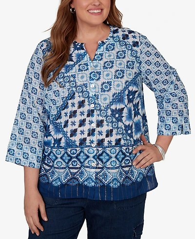 Alfred Dunner Plus Indigo Girls Ikat Tie-Dye Patchwork Henley Top