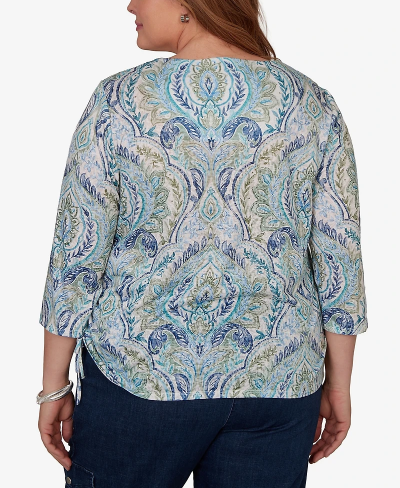 Alfred Dunner Plus Indigo Girls Medallion Print Braided Neck Top