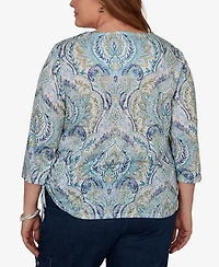 Alfred Dunner Plus Indigo Girls Medallion Print Braided Neck Top
