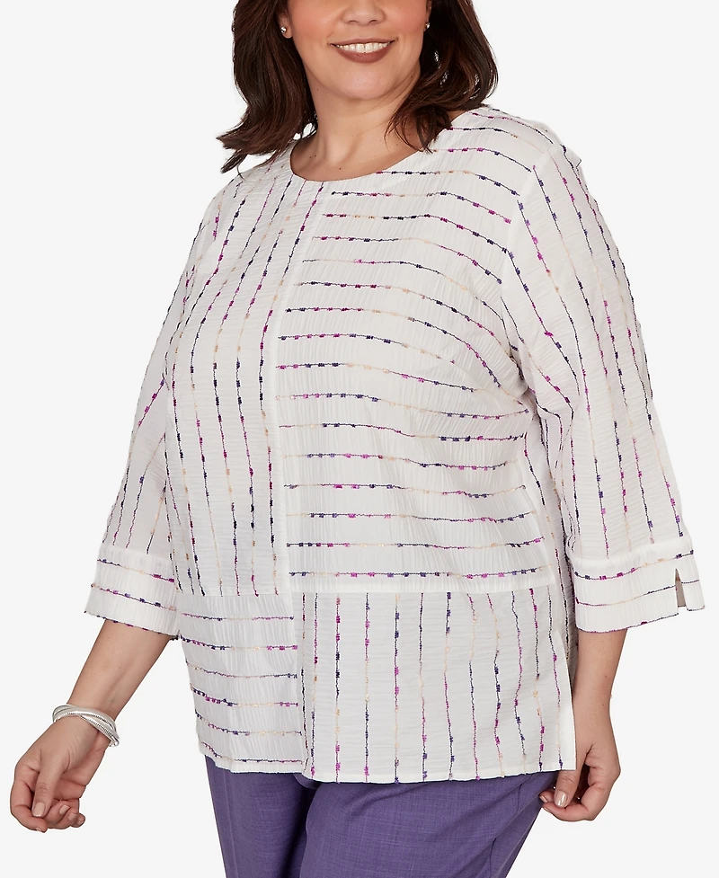 Alfred Dunner Plus Grand Bazaar White Textured Rainbow Stripe Top