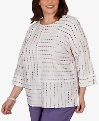 Alfred Dunner Plus Grand Bazaar White Textured Rainbow Stripe Top