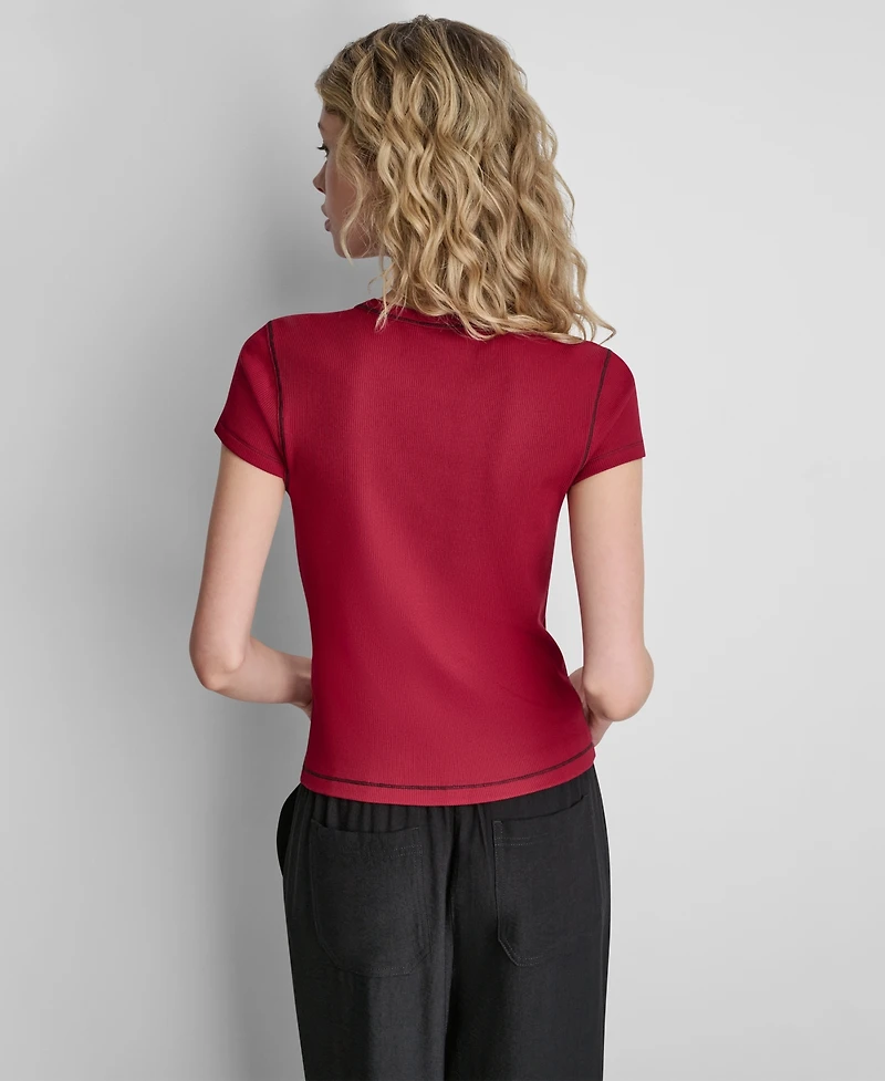 Dkny Women's Crewneck Contrast Stitch Top