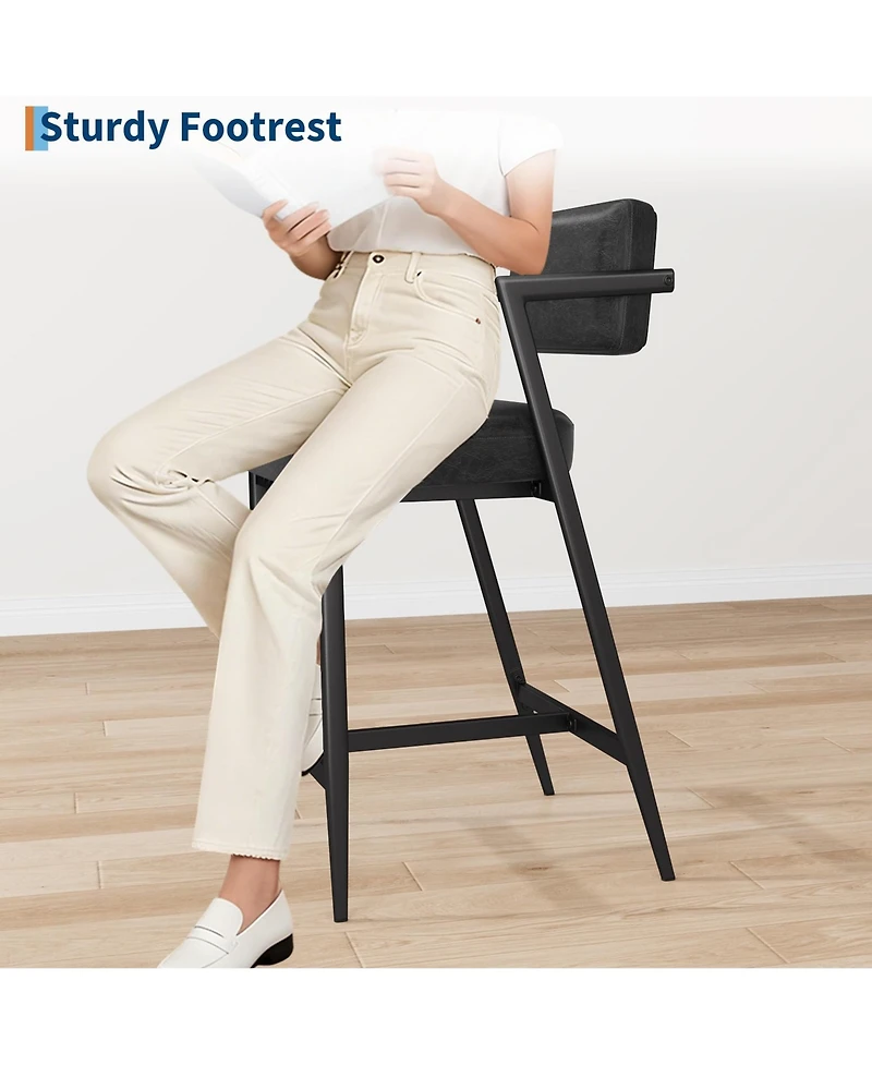 homfan 2 Pcs Modern Counter Height Bar Stools, Pu Leather Design with High Backrest, Armrests and Thick Cushion, Metal Frame for Kitchen Island