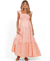 Pinkblush Maternity Peach Floral Embroidered Smocked Maxi Dress