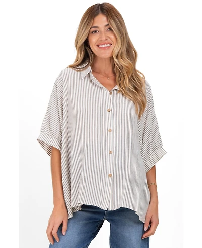 Pinkblush Maternity Taupe Striped Boxy Button Down Top
