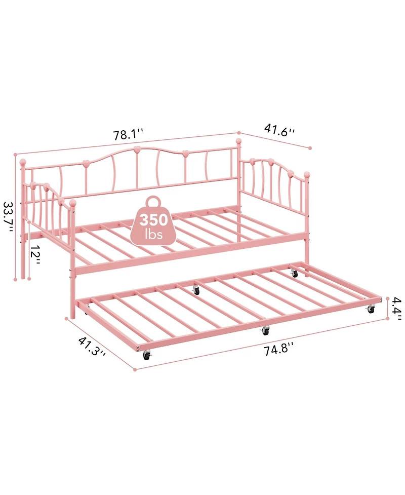 homfan Metal Daybed with Trundle, Twin Day Bed with Heart Design Headboard, Steel Slat Support, No Box Spring Needed