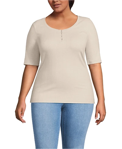 Lands' End Plus Elbow Sleeve Variegated Micro Rib Scoop Neck Henley