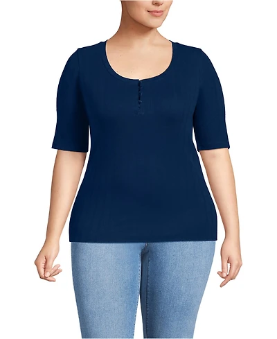Lands' End Plus Elbow Sleeve Variegated Micro Rib Scoop Neck Henley