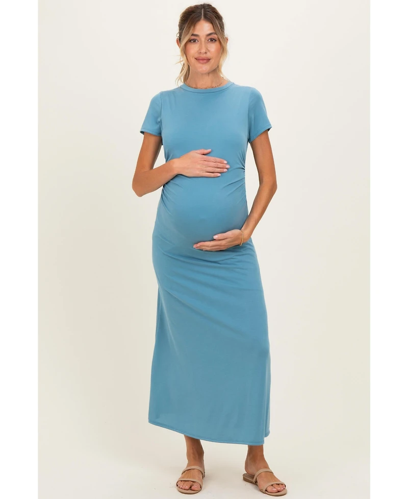 Pinkblush Maternity Blue Short Sleeve Ruched Midi Dress