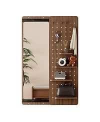 Phying Walnut Multi Functional Design Panel Wall Mounted Full Length Mirror Space Saving Can Be Pushed and Pulled for Bedroom Living Room Entrance