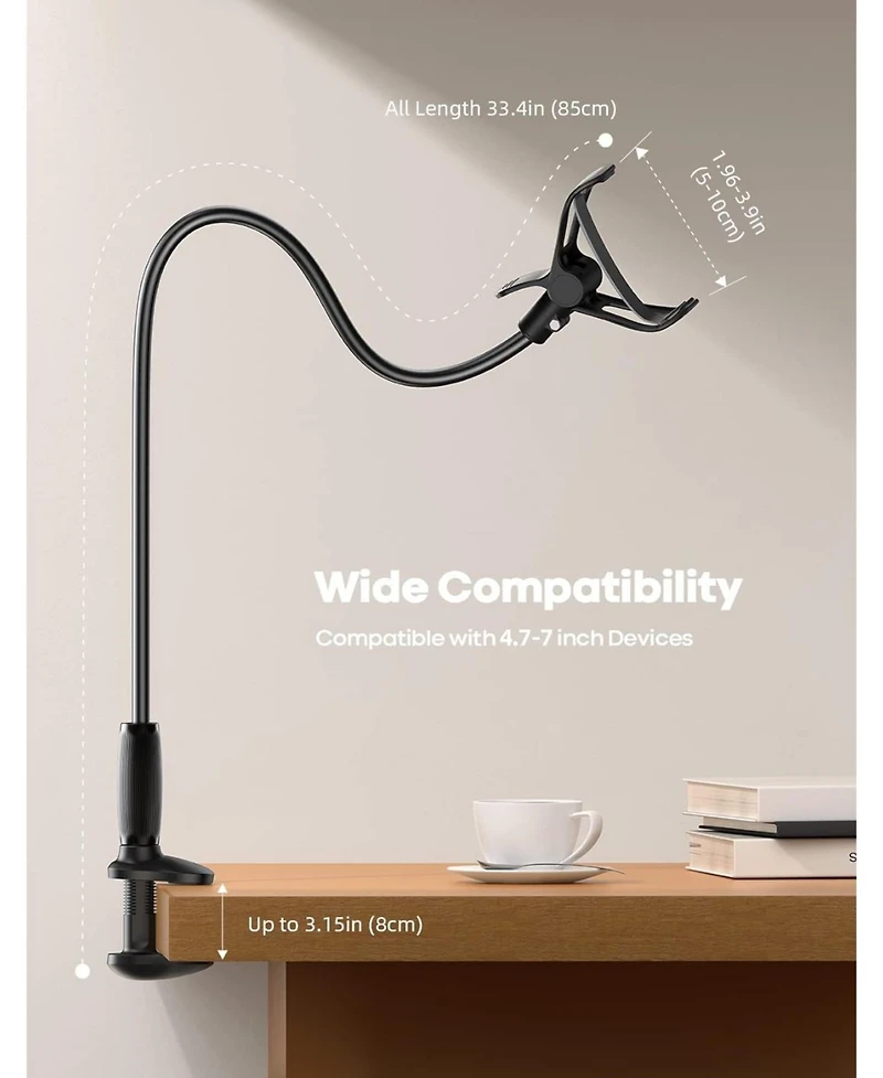 Lamicall Flexible Gooseneck Long Arm Stand, Overhead Cell Phone Clamp Mount, Gift for All 4-7inch Device