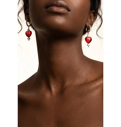 18K Gold Plated Freshwater Pearl with a Red Heart Shape Charm - Kokoro Earrings For Women