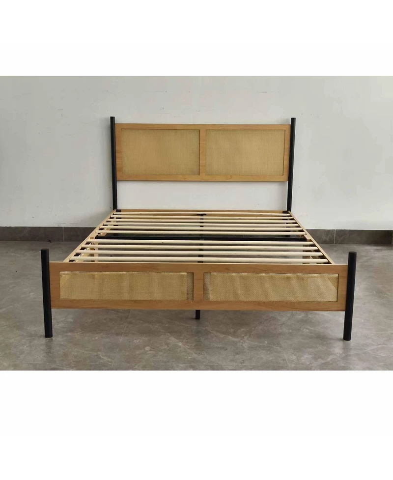 Homfan Bed Frame with Rattan Headboard, Sturdy Wooden Slats