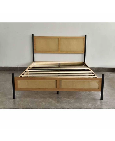 Homfan Bed Frame with Rattan Headboard, Sturdy Wooden Slats