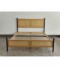 Homfan Bed Frame with Rattan Headboard, Sturdy Wooden Slats