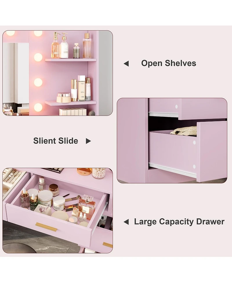 homfan 61" Make Up Vanity Desk with Mirror and Lights, Vanity with 8 Wide Storage Drawers and 2 Tier Shelves