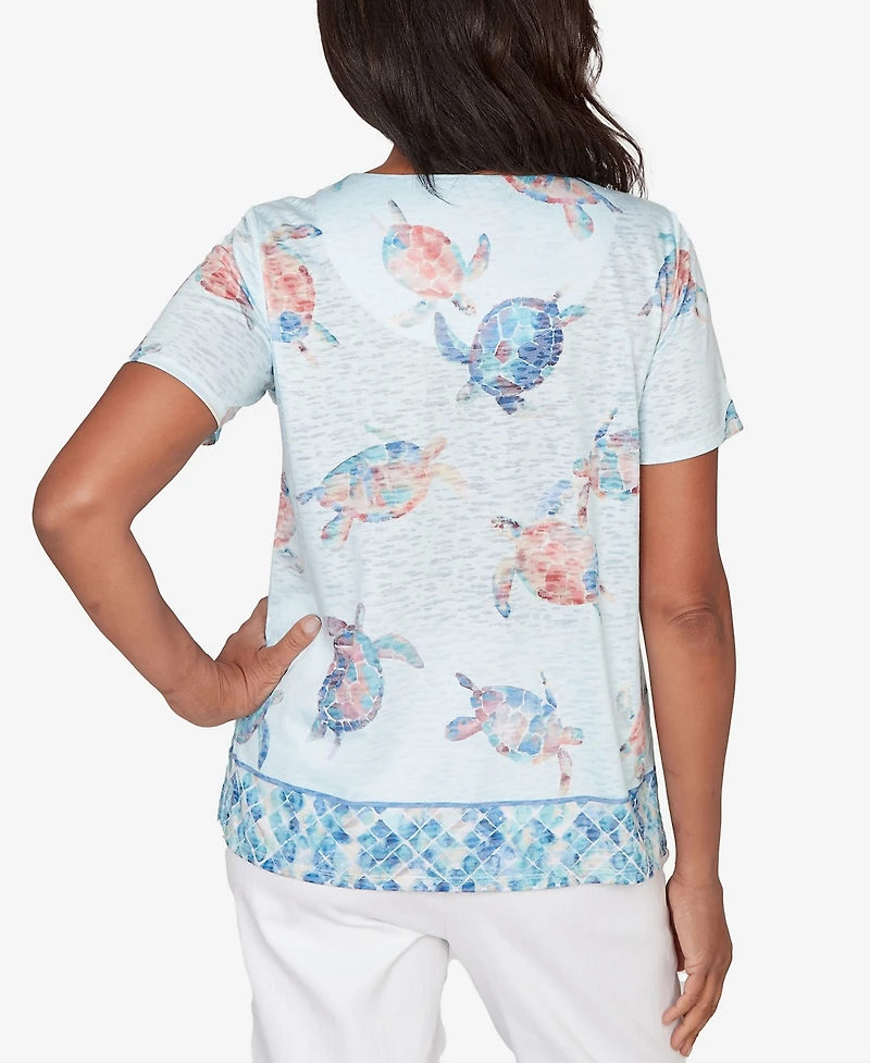 Alfred Dunner Petite Sea Turtle Border Split Neck Top