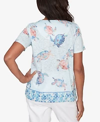 Alfred Dunner Petite Sea Turtle Border Split Neck Top