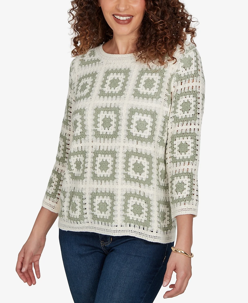 Alfred Dunner Petite Indigo Girls Crochet Squares Top