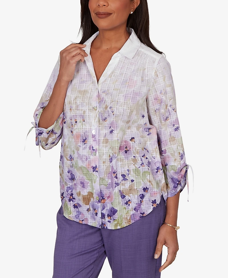 Alfred Dunner Petite Grand Bazaar Floral Ombre Button-Down Top