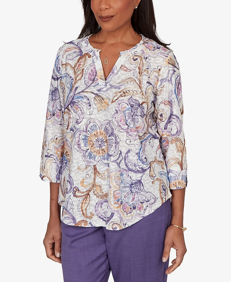 Alfred Dunner Petite Grand Bazaar Jacobean Floral Split Neck Top