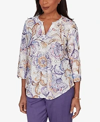 Alfred Dunner Petite Grand Bazaar Jacobean Floral Split Neck Top