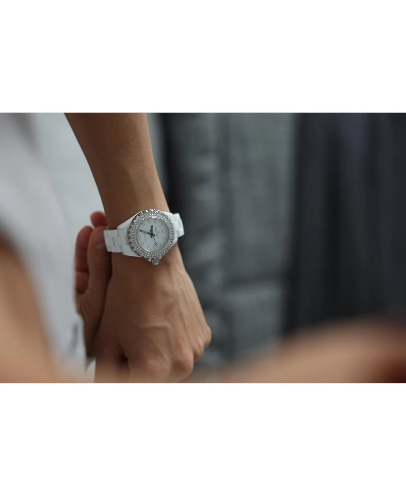 Peugeot Women's 36mm White Ceramic Watch with Silver Crystal Bezel
