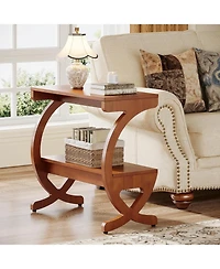 Tribesigns Wood End Table Set of 2, 2-Tier Side Table with Curved Crossed Legs for Living Room, Bedroom, Small Space, Walnut