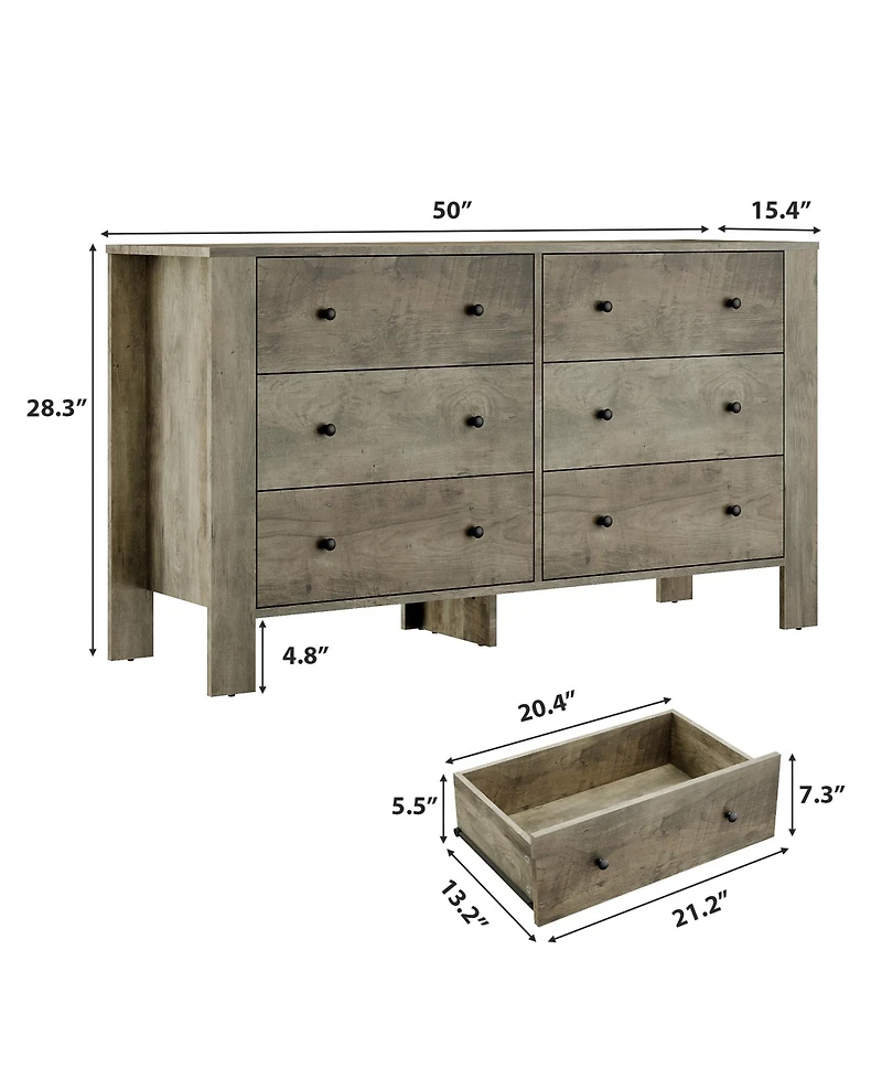 homfan Wide 6 Drawer Dresser for Bedroom - Modern Wooden Chest with Deep Storage Drawers, Metal Knobs Ideal Kids Room, Entryway, Hallway