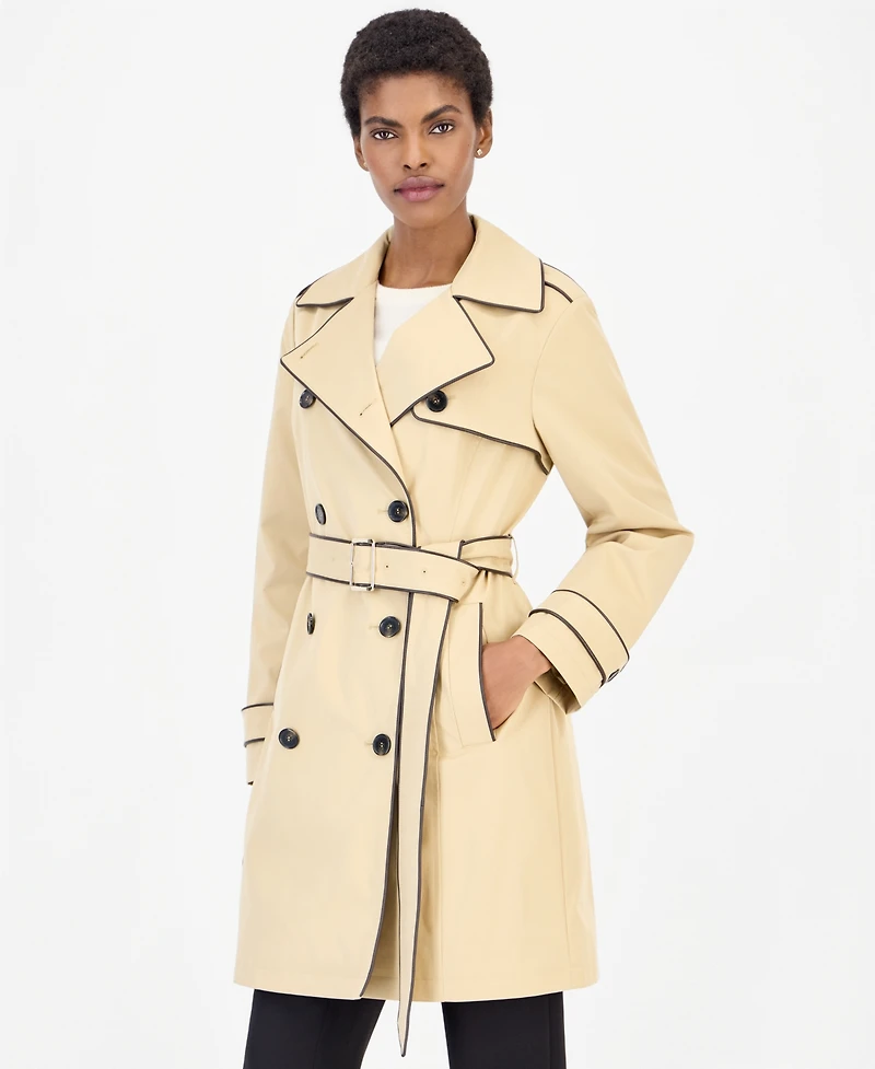 Michael Kors Women's Faux Leather-Trim Button-Front Trench Coat, Created for Macy's