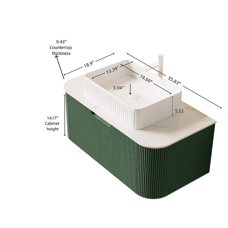 Sillysis Light Green Wall Mounted Bathroom Vanity with Ceramic Sink, Plywood Cabinet, Soft Close Striped Drawer