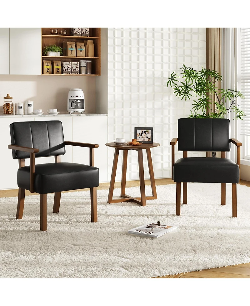 homfan Set of 2 Mid Century Modern Dining Chairs - Linen Upholstered Armchairs Plain Wood Frame Classic Vertical Stripe Design
