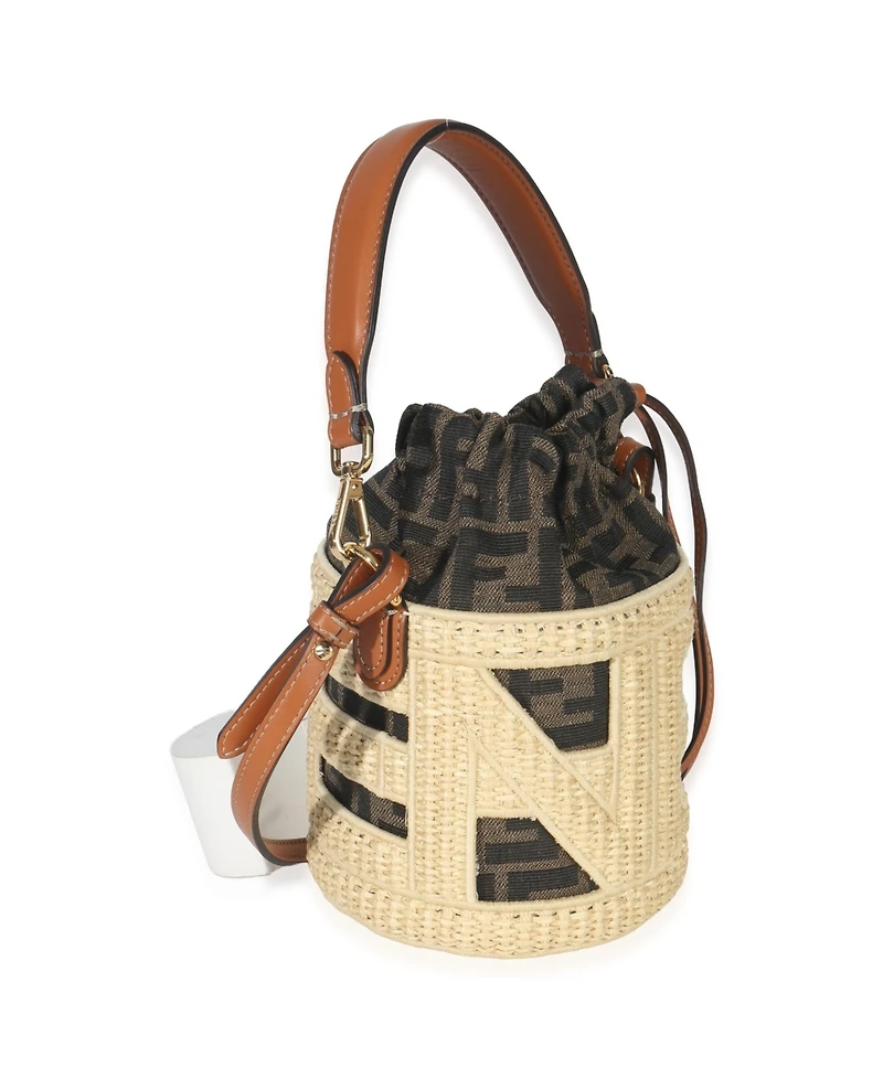 Pre-Owned Fendi Beige Brown Raffia Zucca Canvas Ff Step Out Bucket Bag