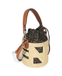 Pre-Owned Fendi Beige Brown Raffia Zucca Canvas Ff Step Out Bucket Bag