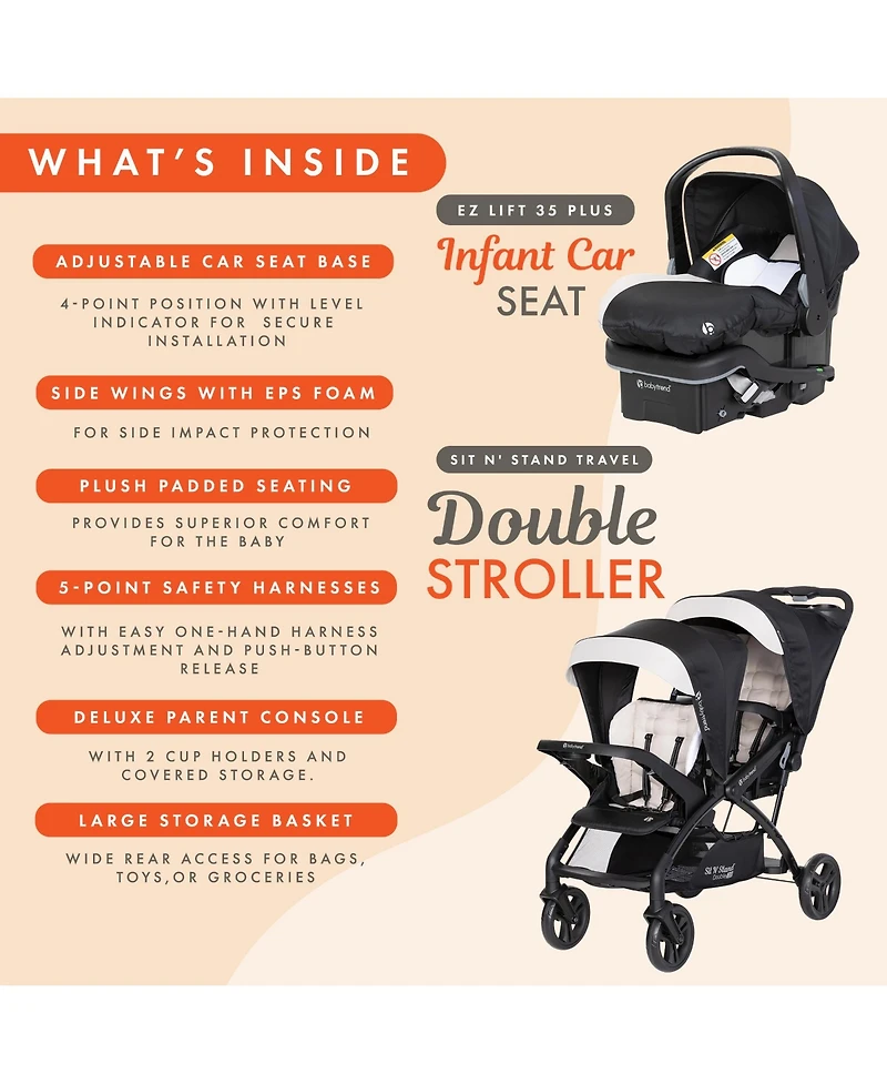 Baby Trend Sit N' Stand Double Stroller with Ez-Lift Car Seat (2 Pack), Khaki