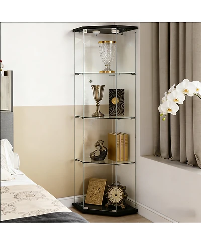 Streamdale Furniture 5-Sided Tempered Glass Corner Display Cabinet with Led Lights and Locks