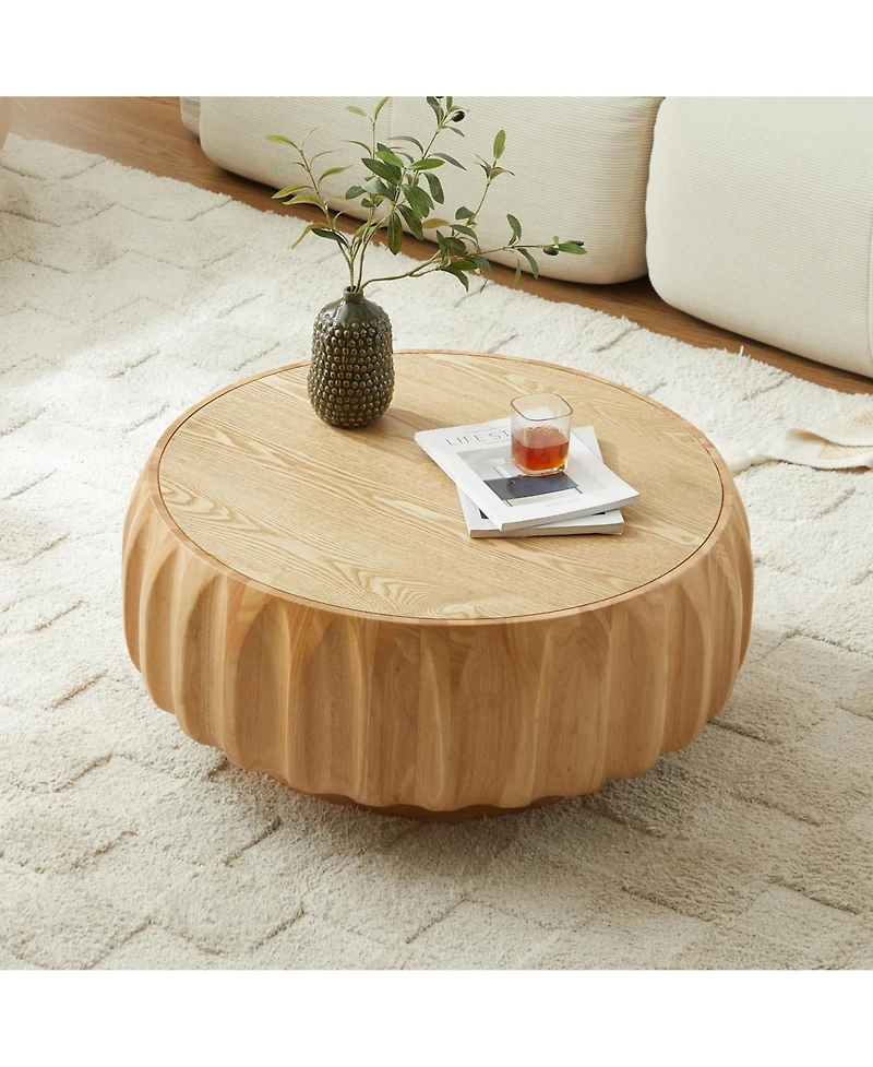 Boyel Living Round Solid Wood Carved Coffee Table with Elegant Sculptural Design
