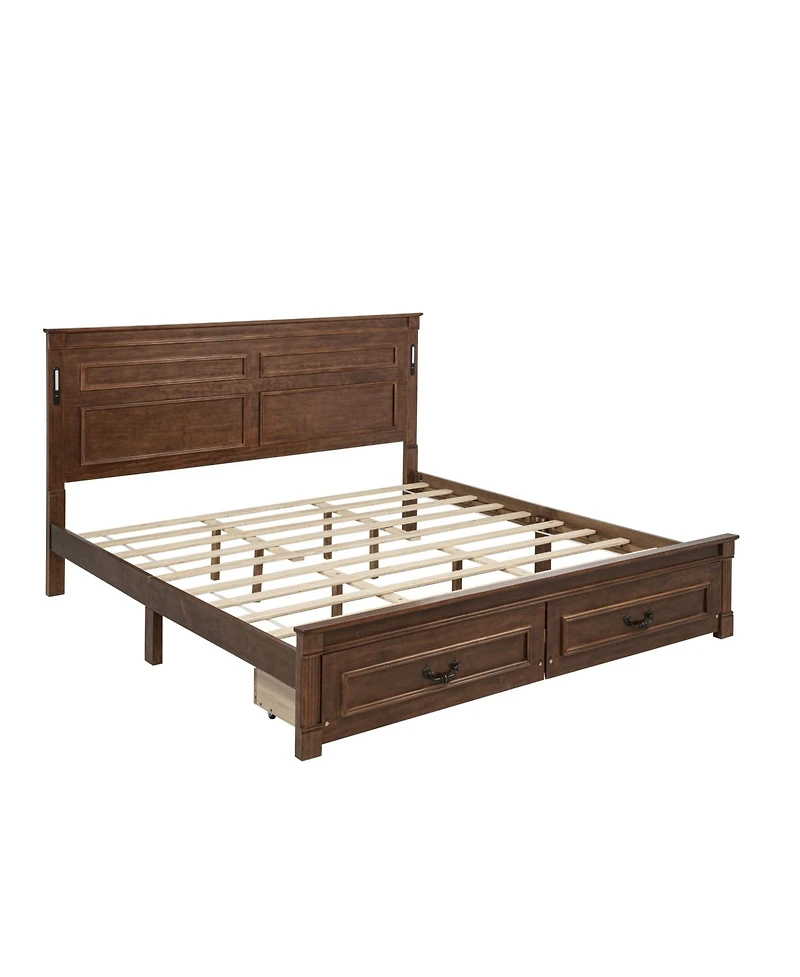 Clihome King Size Bed with Tall-Panel Headboard and Footboard, 2 Storage Drawers, Built-in Led Lights