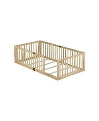 Clihome Floor Bed with High Fence Railings, with Door,6 Slats Included