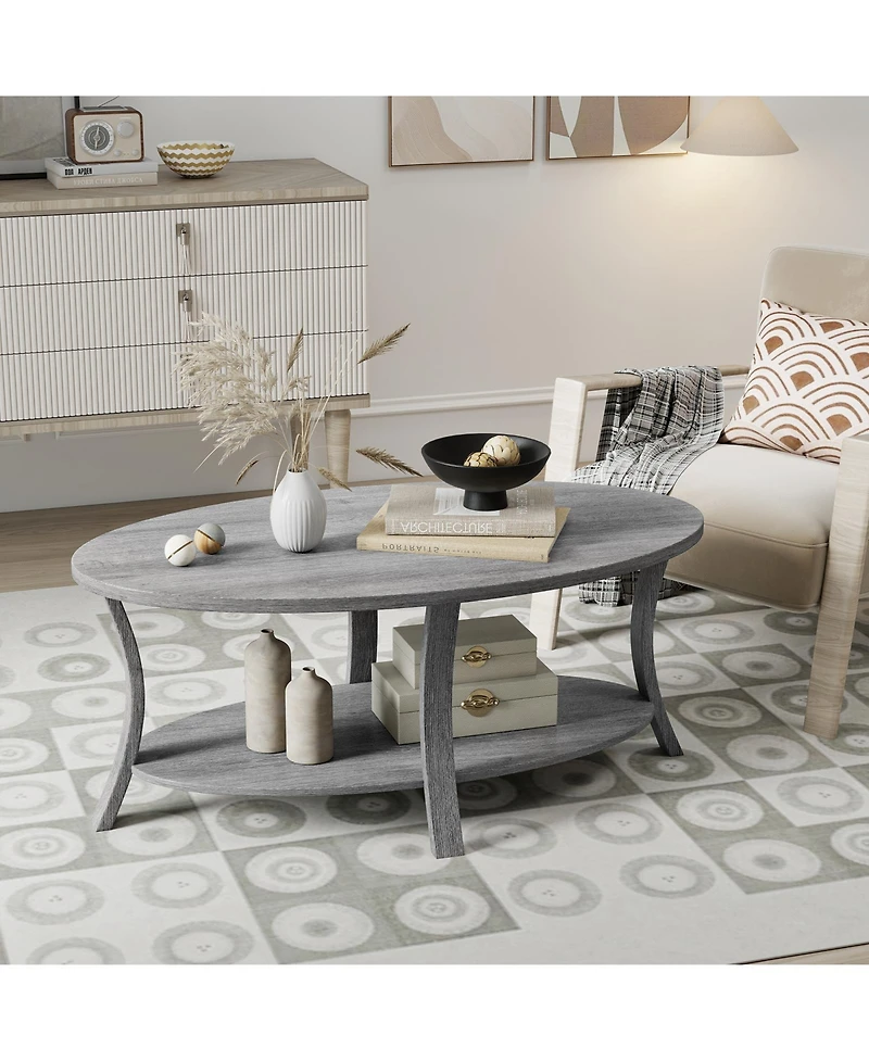 Gymax 2-Tier Oval Coffee Table with Storage Shelf Rubber Wood Accent Tea Table