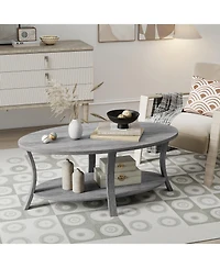 Gymax 2-Tier Oval Coffee Table with Storage Shelf Rubber Wood Accent Tea Table