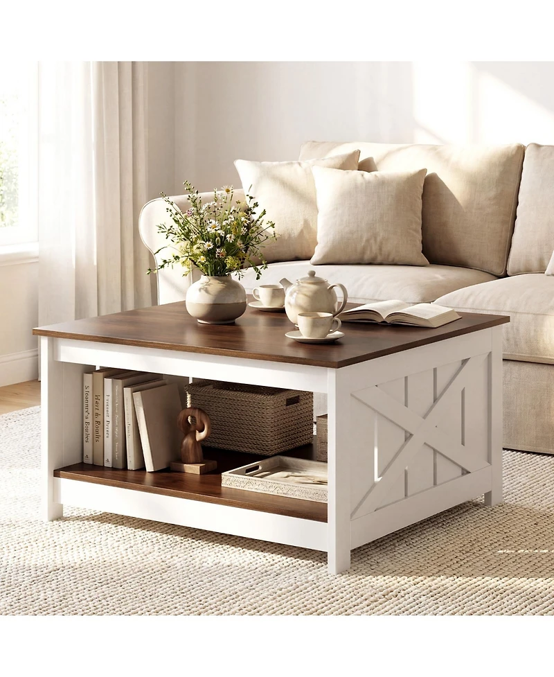 Gymax Wooden Square Coffee Table with Storage Shelf Open Compartment for Living Room