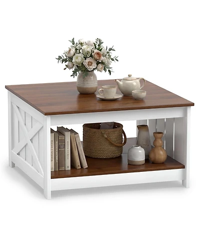 Gymax Wooden Square Coffee Table with Storage Shelf Open Compartment for Living Room