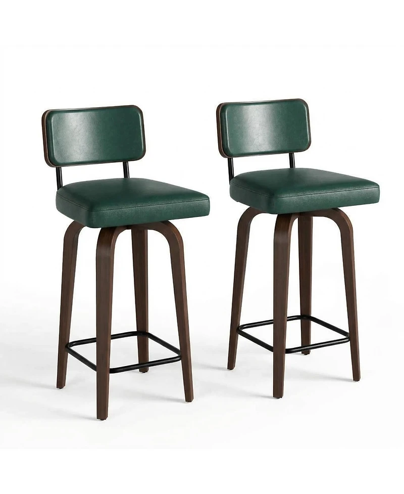 homfan Set of 2 Swivel Counter Height Bar Stools, 26 Inch Upholstered Chairs with Backrest and Mid Century Faux Leather Stools for Kitchen