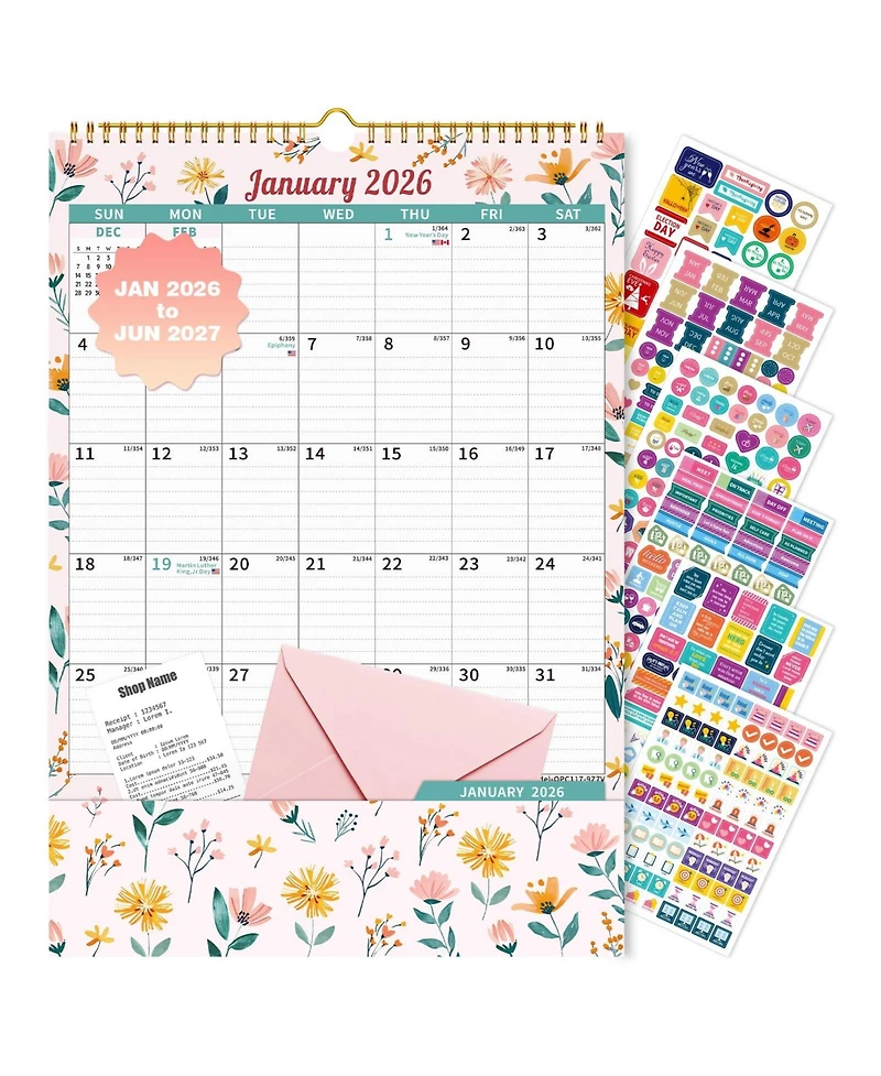 Gnuadz Wall Calendar 2026-2027 Storage Pocket Monthly Planner Stickers Artistic Floral