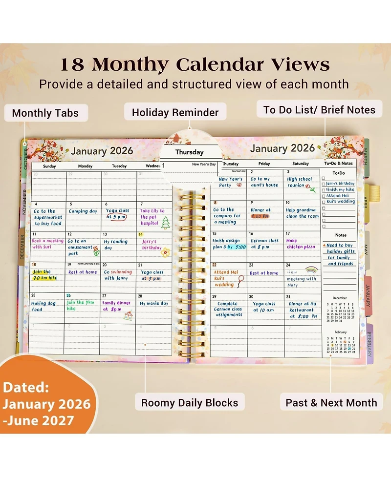 Gnuadz Planner 18 Month Weekly Monthly Daily Spiral Hardcover Agenda Organizer Tabs Calendar Tree 2026-2027