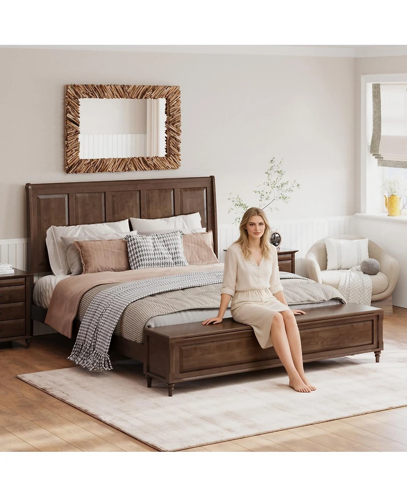 Streamdale Furniture King Bed Frame with Tall Headboard, Storage Bench, and Wood Sleigh Design