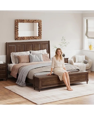 Streamdale Furniture King Bed Frame with Tall Headboard, Storage Bench, and Wood Sleigh Design
